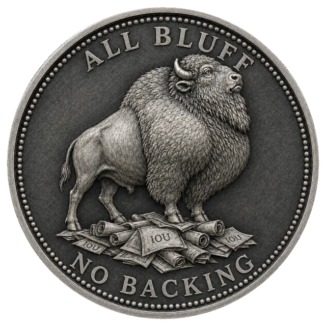 The reverse of the coin: a buffalo standing on a heap of notes marked IOU, with the inscriptions ALL BLUFF above and NO BACKING below.
