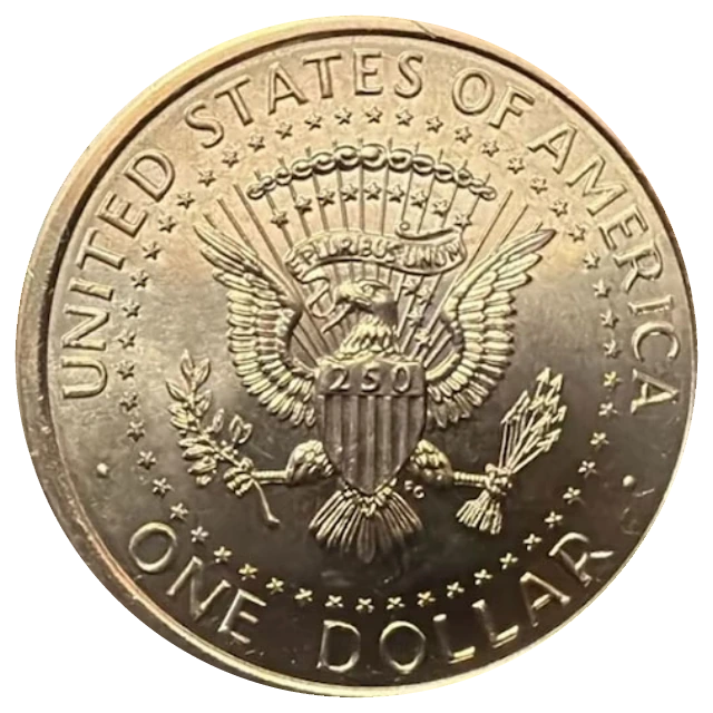 Le revers de la pièce : le sceau présidentiel, un aigle tenant un rameau d’olivier et des flèches, un écu marqué 250, et les inscriptions UNITED STATES OF AMERICA et ONE DOLLAR.