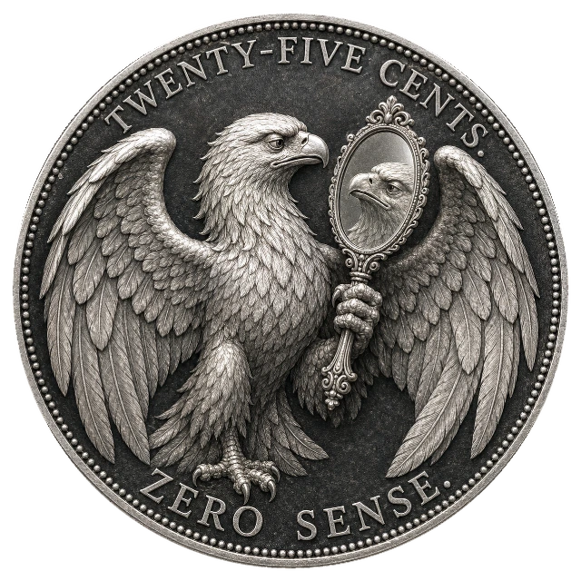 Le revers de la pièce : un aigle qui s’admire dans un miroir à main, avec les inscriptions TWENTY-FIVE CENTS. au-dessus et ZERO SENSE. en dessous.